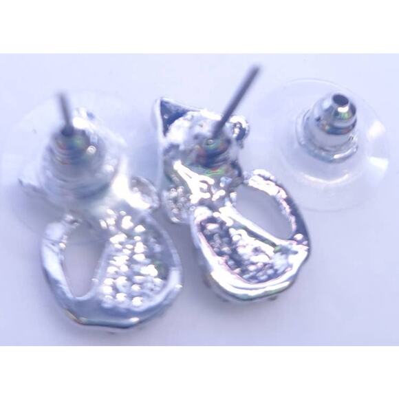 Peridot Colored Clear Crystal Sparkling Kitty Cat Feline Earrings Silver Plated - Picture 2 of 2